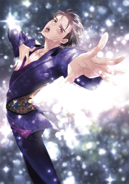 Anime picture 583x827 with yuri!!! on ice mappa katsuki yuuri ishida kaname single tall image looking at viewer blush short hair open mouth brown hair brown eyes sparkle sweat outstretched arm dancing boy