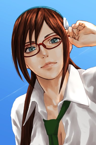 Anime picture 645x967 with neon genesis evangelion gainax makinami mari illustrious kaburagi yuki single long hair tall image looking at viewer fringe breasts simple background brown hair green eyes payot cleavage upper body lips realistic portrait blue background