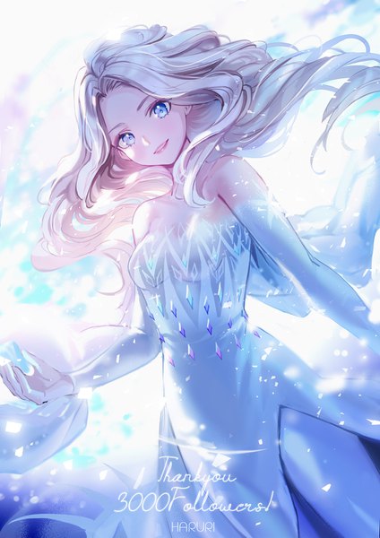 Anime picture 1000x1415 with frozen (disney) disney elsa (frozen) haruri single long hair tall image looking at viewer blue eyes standing bare shoulders signed silver hair floating hair girl dress detached sleeves
