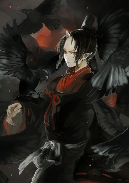 Anime picture 800x1132 with hoozuki no reitetsu wit studio hoozuki (hoozuki no reitetsu) ihiro single tall image short hair black hair looking away traditional clothes japanese clothes lips pointy ears wide sleeves outstretched arm angry demon bird on hand demon boy boy