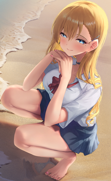 Anime picture 2128x3467 with original amane sora single long hair tall image looking at viewer blush fringe highres breasts blue eyes blonde hair smile hair between eyes full body nail polish pleated skirt barefoot fingernails mole
