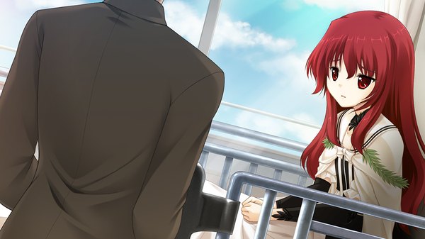 Anime picture 1024x576 with jesus 13th long hair red eyes wide image game cg red hair girl dress boy