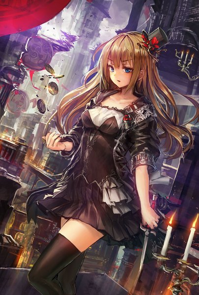Anime picture 1000x1480 with original lm7 (op-center) single long hair tall image blue eyes blonde hair cityscape girl thighhighs dress weapon black thighhighs hat knife candle (candles) dagger gears