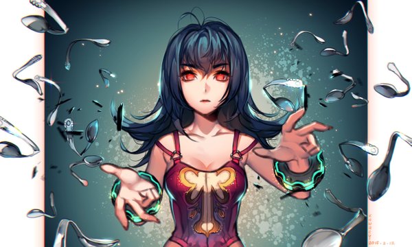 Anime picture 1280x769 with kawacy single long hair looking at viewer fringe black hair red eyes wide image bare shoulders outstretched arm girl bracelet spoon