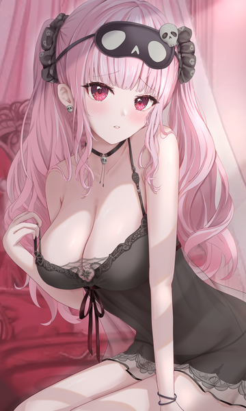 Anime picture 3009x5016 with virtual youtuber hololive hololive english mori calliope mori calliope (6th costume) uni ikura single long hair tall image looking at viewer blush fringe highres breasts light erotic large breasts sitting twintails pink hair absurdres