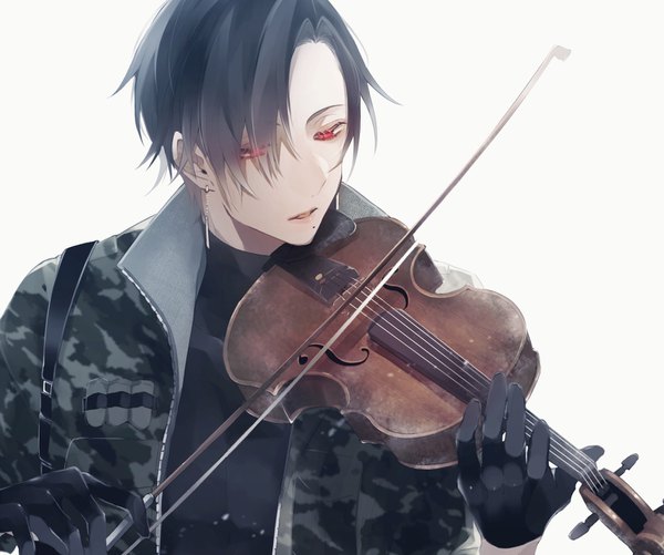 Anime picture 1506x1260 with original schwarz ashford zabeo0125 single fringe short hair black hair simple background red eyes white background holding upper body parted lips hair over one eye mole open jacket looking down mole under mouth playing instrument camouflage