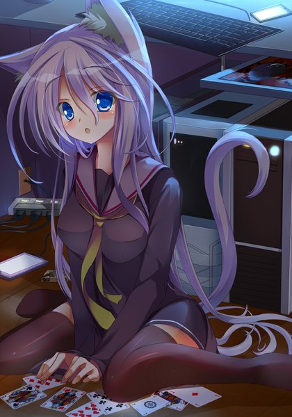 Anime picture 700x1000 with no game no life madhouse shiro (no game no life) takataka single long hair tall image looking at viewer blush open mouth blue eyes hair between eyes animal ears purple hair tail animal tail cat ears cat girl cat tail girl