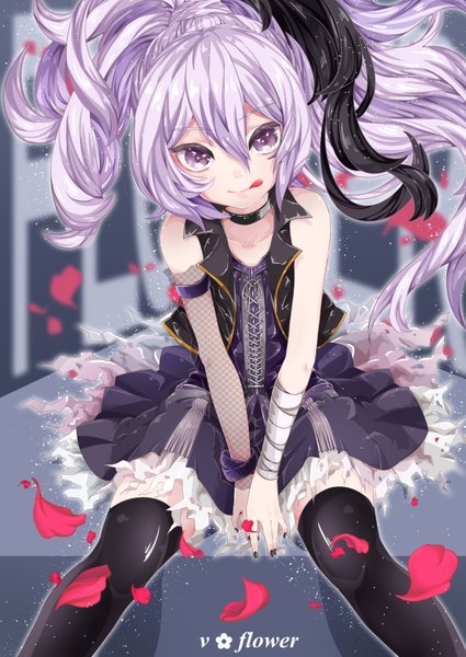 Anime picture 2508x3541 with vocaloid flower (vocaloid) raito single long hair tall image looking at viewer blush fringe highres black hair hair between eyes sitting purple eyes bare shoulders purple hair ponytail nail polish multicolored hair fingernails