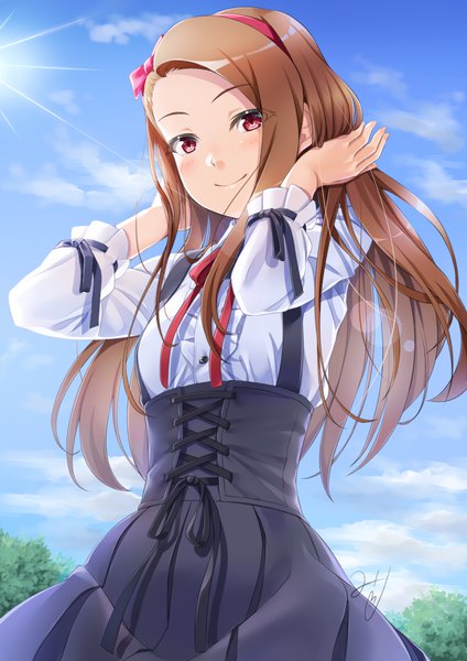 Anime picture 827x1169 with idolmaster minase iori miri (ago550421) single long hair tall image looking at viewer blush fringe red eyes brown hair signed sky cloud (clouds) outdoors light smile adjusting hair lacing girl skirt