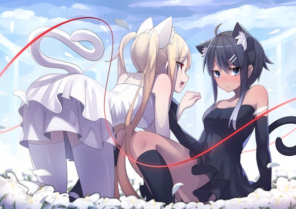 Anime picture 4093x2894 with original kamonegi (meisou1998) long hair blush fringe highres short hair open mouth blue eyes light erotic black hair blonde hair hair between eyes red eyes twintails bare shoulders multiple girls animal ears absurdres sky