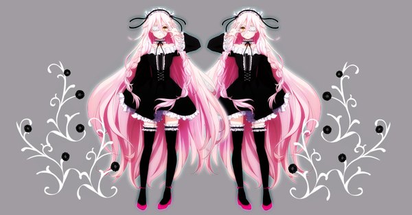 Anime picture 1874x978 with vocaloid ia (vocaloid) conone long hair looking at viewer highres wide image multiple girls yellow eyes pink hair full body braid (braids) grey background dual persona girl thighhighs dress black thighhighs 2 girls frills