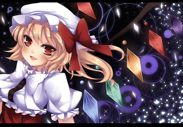 Anime picture 1116x772 with touhou flandre scarlet moccy (artist) single blush short hair open mouth blonde hair red eyes one side up girl wings star (stars) bonnet crystal