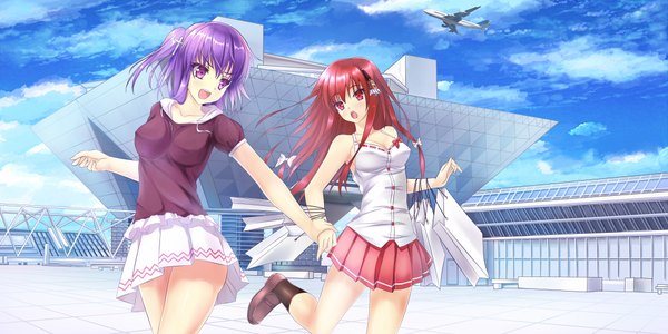 Anime picture 1000x500 with original zi se long hair blush open mouth red eyes wide image purple eyes multiple girls sky purple hair cloud (clouds) red hair girl dress skirt 2 girls bag aircraft airplane