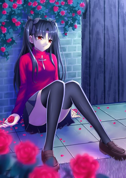 Anime picture 1240x1754 with fate (series) fate/stay night studio deen type-moon toosaka rin egnis single long hair tall image black hair red eyes sitting girl thighhighs skirt flower (flowers) bow black thighhighs hair bow petals