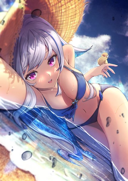 Anime picture 1000x1412 with virtual youtuber nijisanji lize helesta sebastian piyodore amane sora single long hair tall image looking at viewer fringe breasts open mouth light erotic smile purple eyes payot sky silver hair cloud (clouds) outdoors