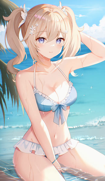 Anime picture 1053x1814 with genshin impact barbara (genshin impact) nasii single long hair tall image looking at viewer blush fringe breasts blue eyes light erotic blonde hair smile hair between eyes sitting twintails payot sky cleavage