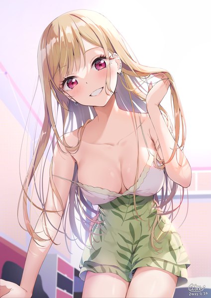 Anime picture 1200x1697 with sono bisque doll wa koi wo suru cloverworks kitagawa marin neki (wakiko) single long hair tall image looking at viewer blush fringe breasts light erotic blonde hair signed payot cleavage indoors head tilt pink eyes arm support
