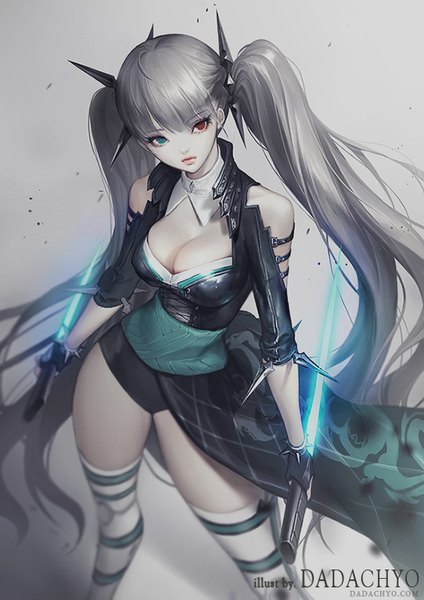 Anime picture 600x848 with cyphers trixie (cyphers) dadachyo single tall image fringe breasts light erotic simple background large breasts twintails bare shoulders signed cleavage blunt bangs very long hair from above grey hair grey background lipstick