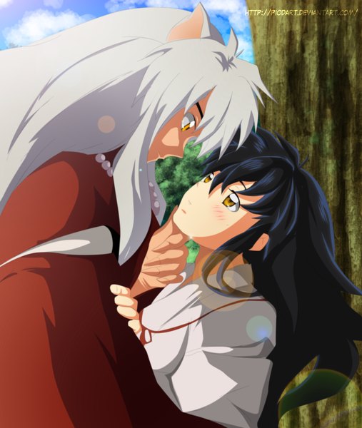 Anime picture 1024x1212 with inuyasha inuyasha (character) higurashi kagome piodanilo long hair tall image blush black hair brown eyes signed animal ears cloud (clouds) white hair traditional clothes couple coloring girl boy