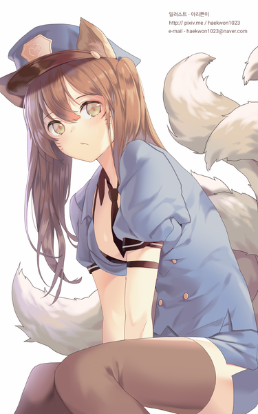 Anime picture 1600x2560 with league of legends ahri (league of legends) torano single long hair tall image looking at viewer fringe highres light erotic simple background hair between eyes brown hair white background sitting twintails brown eyes signed animal ears absurdres
