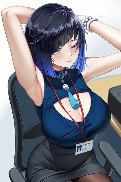 Anime picture 2800x4200 with genshin impact yelan (genshin impact) piukute062 single tall image blush fringe highres short hair breasts light erotic simple background large breasts sitting blue hair looking away cleavage blunt bangs one eye closed aqua eyes