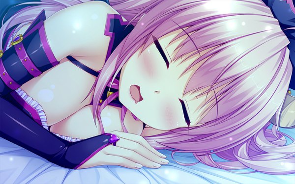 Anime picture 1280x800 with boku to koi suru ponkotsu akuma. kiritani riria sayori single long hair blush fringe breasts open mouth light erotic hair between eyes large breasts bare shoulders pink hair game cg cleavage upper body lying eyes closed sleeping