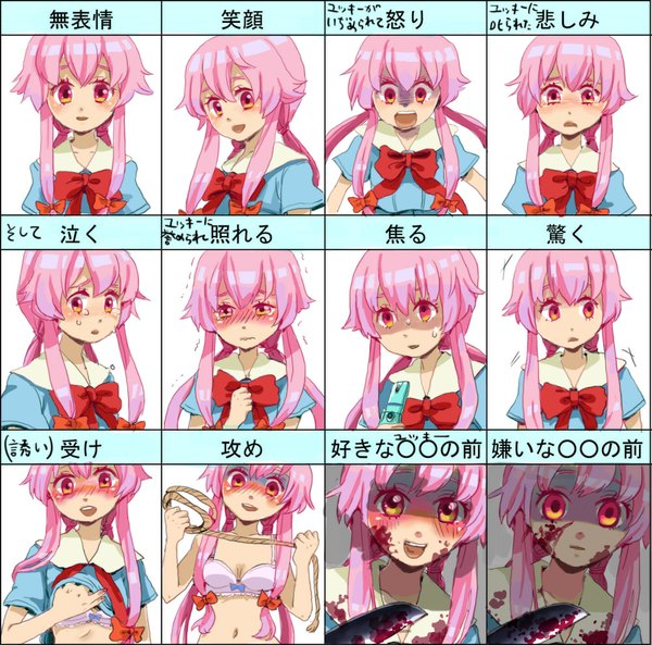 Anime picture 1000x989 with mirai nikki gasai yuno long hair looking at viewer light erotic smile white background twintails pink hair orange eyes hieroglyph multiview multiple persona chart expressions girl bow lingerie bra blood