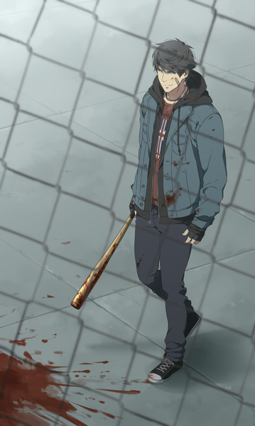 Anime picture 1024x1711 with original danzzila single tall image looking at viewer short hair blue eyes black hair smile holding bent knee (knees) light smile from above open clothes open jacket walking bloody clothes smirk bandaid on face denim
