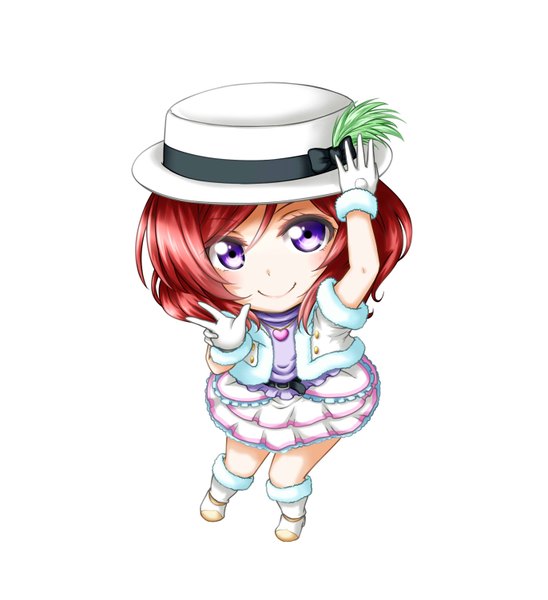 Anime picture 1371x1501 with love live! school idol project sunrise (studio) love live! nishikino maki kuena single tall image looking at viewer short hair simple background smile white background purple eyes red hair chibi girl gloves hat white gloves
