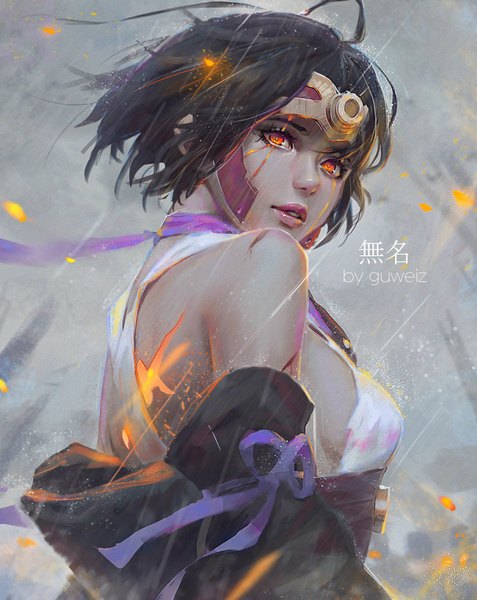 Anime picture 716x900 with koutetsujou no kabaneri wit studio mumei (kabaneri) guweiz single tall image short hair breasts black hair bare shoulders signed ahoge parted lips looking back light smile wind lips blurry from below orange eyes