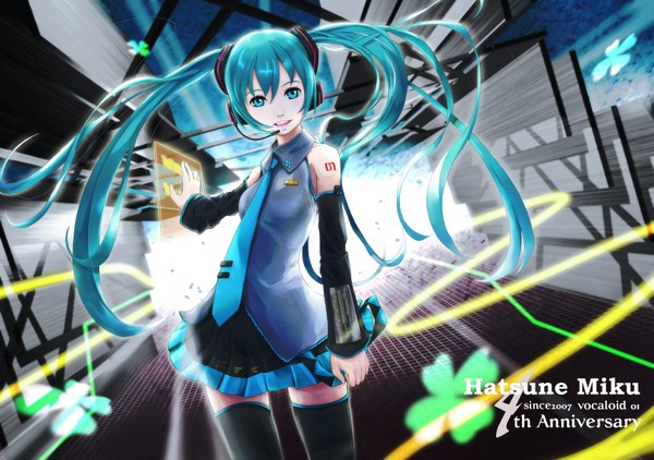 Anime picture 1723x1213 with vocaloid hatsune miku museum2088 single highres blue eyes twintails bare shoulders very long hair aqua hair girl thighhighs skirt black thighhighs detached sleeves miniskirt headphones