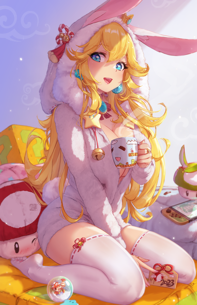 Anime picture 3850x5950 with super mario bros. nintendo princess peach mario mitsu (mitsu art) single long hair tall image looking at viewer blush fringe highres breasts open mouth blue eyes light erotic blonde hair smile hair between eyes large breasts