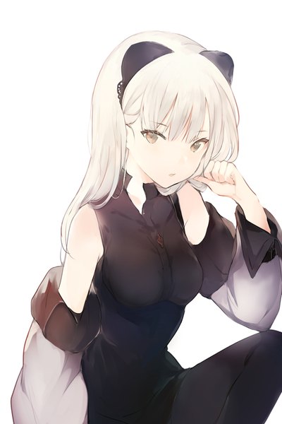 Anime picture 620x929 with original lpip single long hair tall image looking at viewer fringe breasts open mouth simple background hair between eyes white background bare shoulders brown eyes silver hair girl dress detached sleeves pantyhose black pantyhose