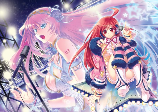 Anime picture 1654x1169 with vocaloid megurine luka miki (vocaloid) cu-rim long hair open mouth blue eyes light erotic red eyes multiple girls ahoge red hair hair flower girl thighhighs hair ornament flower (flowers) 2 girls star (stars) striped thighhighs