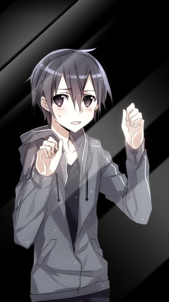 Anime picture 675x1200 with sword art online a-1 pictures kirigaya kazuto jianmo sl single tall image blush short hair open mouth black hair looking away black eyes black background against glass boy