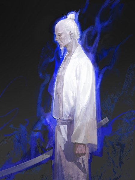 Anime picture 1537x2048 with sekiro: shadows die twice from software isshin ashina mantangfeng single tall image short hair simple background standing holding white hair eyes closed profile hair bun (hair buns) gradient background dark background aura old man boy weapon