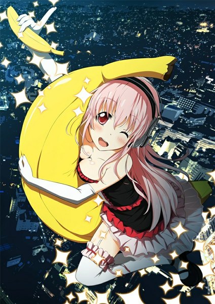Anime picture 724x1024 with nitroplus super sonico suemizu yuzuki long hair tall image blush open mouth red eyes pink hair one eye closed wink sparkle girl thighhighs dress gloves white thighhighs elbow gloves headphones fruit
