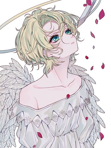 Anime picture 1200x1600 with kyou kara maou studio deen wolfram von bielefeld don (macaron panda13) single tall image fringe short hair blonde hair simple background hair between eyes white background green eyes upper body parted lips off shoulder looking up white wings angel boy