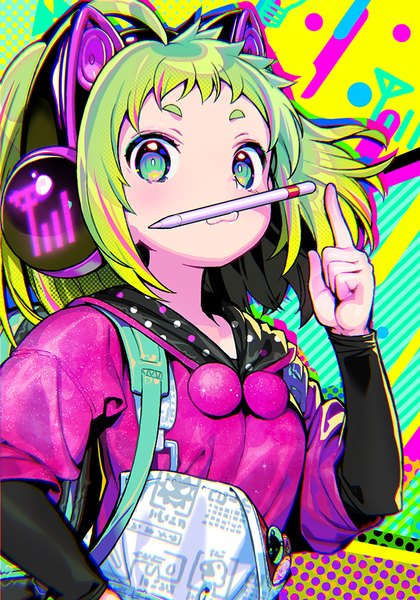 Anime picture 650x928 with dohna dohna antenna (dohna dohna) shunin single tall image looking at viewer blush short hair green eyes upper body ahoge long sleeves green hair official art multicolored girl headphones hood hoodie backpack