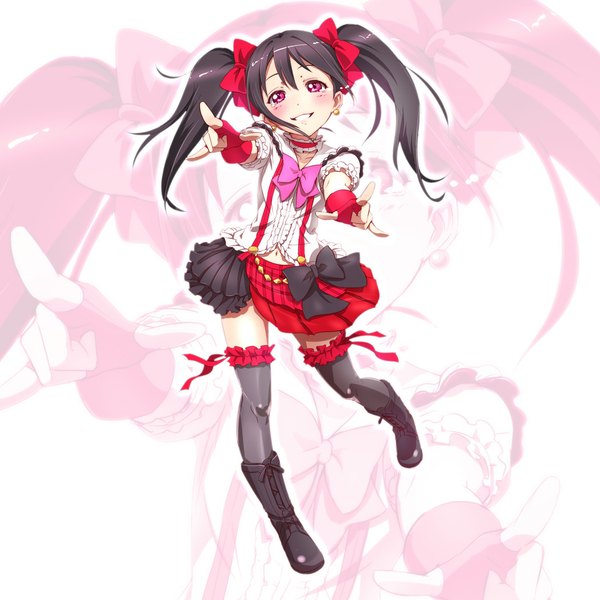 Anime picture 1050x1050 with love live! school idol project sunrise (studio) love live! yazawa nico single long hair looking at viewer blush black hair red eyes twintails full body happy zoom layer mmm girl thighhighs dress bow black thighhighs