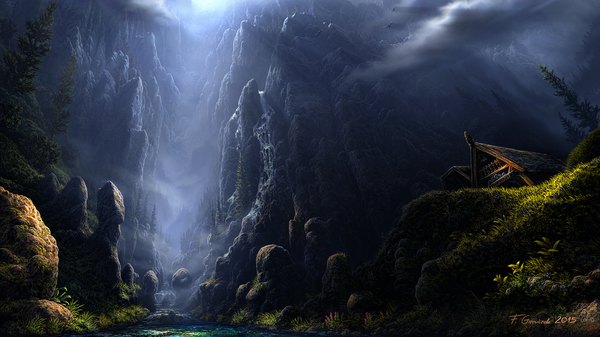 Anime picture 1920x1080 with original fel-x (artist) highres wide image signed sunlight wallpaper mountain no people landscape scenic river nature waterfall fog 2015 plant (plants) animal tree (trees) water