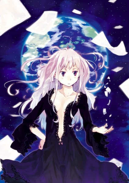 Anime picture 754x1070 with original hrd single long hair tall image blush open mouth looking away pink hair pink eyes hand on hip girl dress black dress paper planet earth