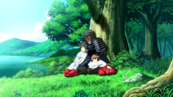 Anime picture 1024x576 with suigetsu 2 black hair brown hair wide image multiple girls game cg eyes closed traditional clothes girl boy 2 girls plant (plants) tree (trees)