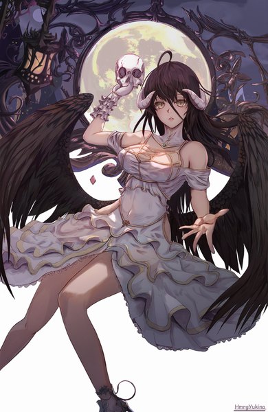 Anime picture 1144x1758 with overlord (maruyama) madhouse albedo (overlord) hmrgyukina single long hair tall image looking at viewer blush fringe breasts light erotic simple background hair between eyes large breasts bare shoulders holding signed yellow eyes cleavage