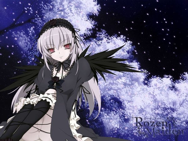 Anime picture 1600x1200 with rozen maiden suigintou akinoko single long hair looking at viewer fringe light erotic simple background hair between eyes red eyes sitting silver hair full body outdoors light smile night wallpaper night sky copyright name