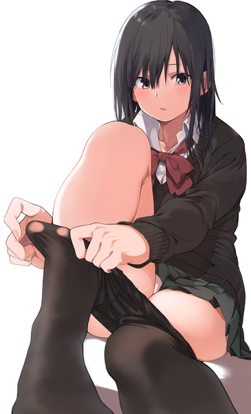 Anime picture 2285x3750 with original amu (258shin) single long hair tall image looking at viewer blush fringe highres open mouth light erotic black hair simple background hair between eyes white background sitting bent knee (knees) long sleeves pleated skirt :o