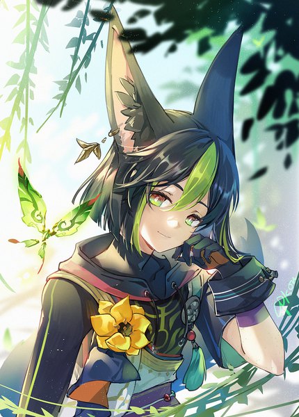 Anime picture 1000x1395 with genshin impact crystalfly (genshin impact) tighnari (genshin impact) cat princess single tall image looking at viewer fringe short hair black hair hair between eyes green eyes animal ears upper body multicolored hair streaked hair boy gloves black gloves insect