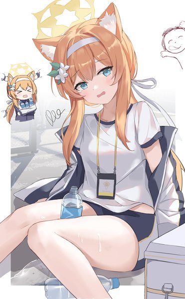 Anime picture 1237x2000 with blue archive sensei (blue archive) doodle sensei (blue archive) mari (blue archive) mari (gym uniform) (blue archive) serika single long hair tall image looking at viewer fringe blue eyes light erotic hair between eyes animal ears eyes closed orange hair off shoulder open jacket wet