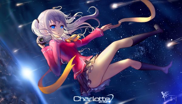 Anime picture 1500x860 with charlotte p.a. works tomori nao wangchuan de quanyan single long hair looking at viewer fringe blue eyes wide image holding signed silver hair ahoge parted lips pleated skirt from above two side up zettai ryouiki copyright name