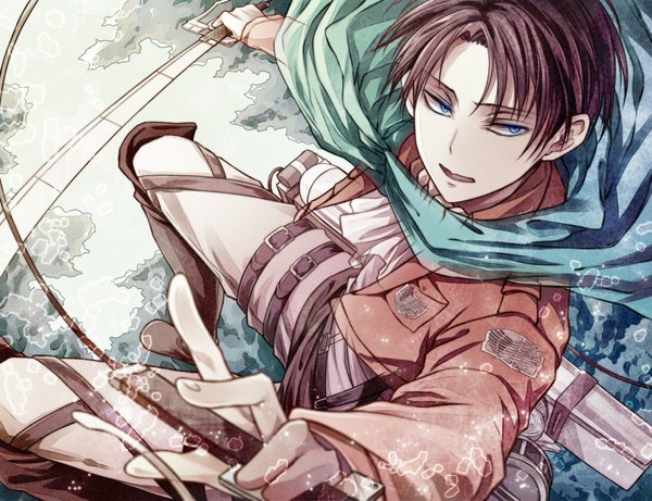 Anime picture 1040x800 with shingeki no kyojin production i.g levi (rivaille) angel31424 single short hair open mouth blue eyes brown hair holding dual wielding boy weapon sword jacket boots belt thigh strap cape pants